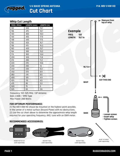 UHF & VHF Wide Band 1/4 Wave Antenna with Spring (132 - 525 MHz)